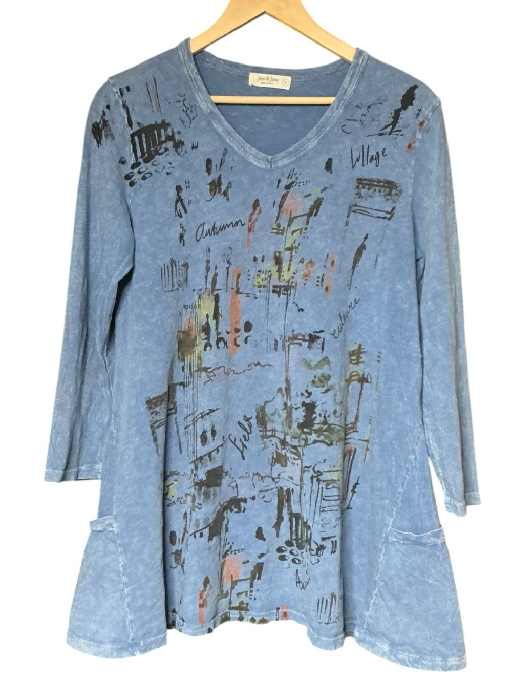 Jean & Jane Blue Artsy Watercolor Mineral Washed V-Neck Tunic Top